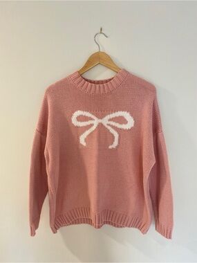 Feminine / Girlcore Pink Knit Bow Sweater, M